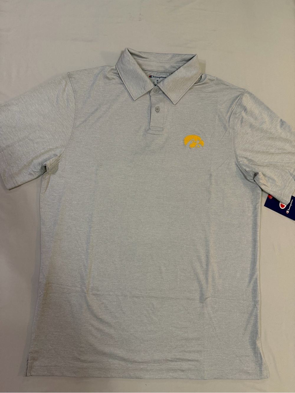 Champion Iowa Hawkeyes Men's Light Gray Polo with Yellow Embroidered Logo